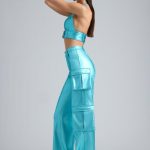 Metallic Denim Cargo Trousers in Aqua - Image 3