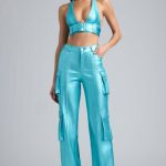 Metallic Denim Cargo Trousers in Aqua - Image 5