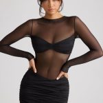 Sheer Panelled Long Sleeve Mini Dress in Black