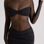 Sheer Panelled Long Sleeve Mini Dress in Black - Image 4