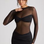 Sheer Panelled Long Sleeve Mini Dress in Black - Image 5