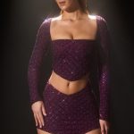 Embellished Asymmetric Mid-Rise Mini Skirt in Deep Purple