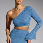 Embellished One Shoulder Top in Smokey Blue
