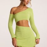 Textured Jersey Asymmetric Cut Out Mini Dress in Lime