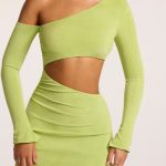 Textured Jersey Asymmetric Cut Out Mini Dress in Lime - Image 4