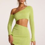 Textured Jersey Asymmetric Cut Out Mini Dress in Lime - Image 5