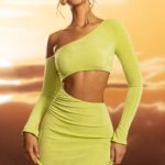 Textured Jersey Asymmetric Cut Out Mini Dress in Lime - Image 8