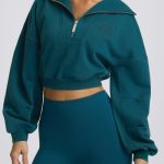 Quarter-Zip Cropped Sweatshirt in Teal - Image 4
