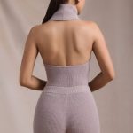 Ribbed-Knit Turtleneck Backless Top in Taupe - Image 3