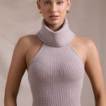 Ribbed-Knit Turtleneck Backless Top in Taupe - Image 6