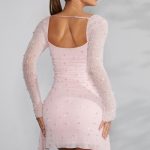 Long Sleeve Embellished Cowl Neck Mini Dress in Blush - Image 2