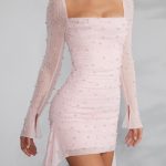 Long Sleeve Embellished Cowl Neck Mini Dress in Blush - Image 4