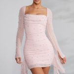 Long Sleeve Embellished Cowl Neck Mini Dress in Blush - Image 6