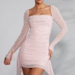 Long Sleeve Embellished Cowl Neck Mini Dress in Blush - Image 7