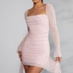 Long Sleeve Embellished Cowl Neck Mini Dress in Blush - Image 9