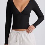 Ribbed Modal Ruched V-Neck Top in Black - Image 4