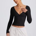 Ribbed Modal Ruched V-Neck Top in Black - Image 5