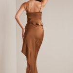 Bias Cut Satin Asymmetric Maxi Skirt in Mocha - Image 2