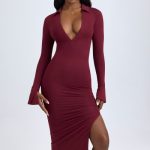 Modal Plunge V-Neck Midaxi Dress in Wine Red