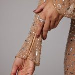 Sheer Embellished Long Sleeve Evening Gown in Almond - Image 7
