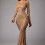Sheer Embellished Long Sleeve Evening Gown in Almond - Image 9