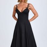 Bow-Detail Lace-Trim A-Line Midi Dress in Black