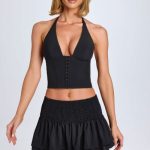 Ruffled Shirred Low-Rise Micro Mini Skirt in Black - Image 4