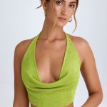 Cowl-Front Halterneck Crop Top in Pear Green - Image 3