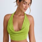 Cowl-Front Halterneck Crop Top in Pear Green - Image 4