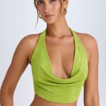 Cowl-Front Halterneck Crop Top in Pear Green - Image 6
