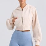 Zip-Up Cropped Hoodie in Washed Cream - Image 4