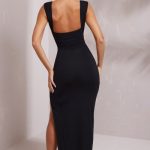 High Split Plunge Neck Maxi Dress in Black - Image 4