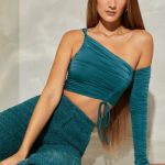 Ruched One Shoulder Crop Top in Teal - Image 6