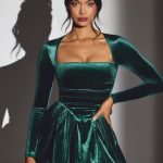 Velvet Long Sleeve Corset Mini Dress in Emerald Green - Image 5