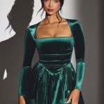 Velvet Long Sleeve Corset Mini Dress in Emerald Green - Image 6