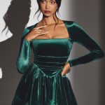 Velvet Long Sleeve Corset Mini Dress in Emerald Green - Image 7