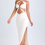 Cut-Out Ruched Halterneck Maxi Dress in White - Image 4