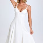 Bow-Detail Lace-Trim A-Line Midi Dress in White