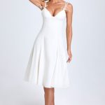 Bow-Detail Lace-Trim A-Line Midi Dress in White - Image 4