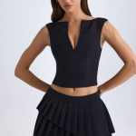 Layered Pleated Low-Rise Mini Skirt in Black - Image 2