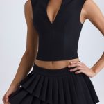 Layered Pleated Low-Rise Mini Skirt in Black - Image 5
