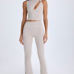 Petite Foldover Flared Trousers in Taupe