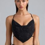 Embellished Cowl-Neck Crop Top in Black