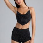 Embellished Cowl-Neck Crop Top in Black - Image 5