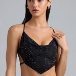 Embellished Cowl-Neck Crop Top in Black - Image 6