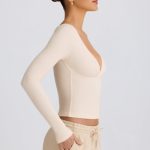 Ribbed Modal Ruched V-Neck Top in Ecru - Image 3
