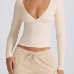 Ribbed Modal Ruched V-Neck Top in Ecru - Image 4