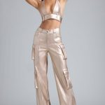 Metallic Denim Cargo Trousers in Champagne