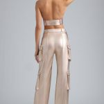 Metallic Denim Cargo Trousers in Champagne - Image 2