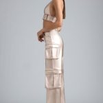 Metallic Denim Cargo Trousers in Champagne - Image 3